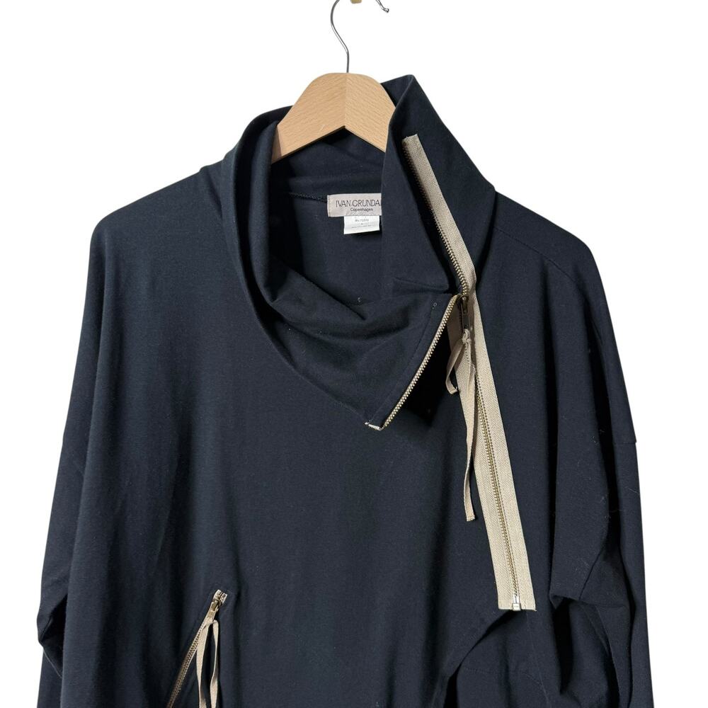 Ivan Grundahl Asymmetric Zip Cowl Neck Pullover Lagenlook Tunic Top Black Small - Picture 2 of 9